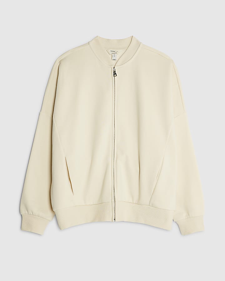 Cream Long Sleeve Zip Up Bomber Sweatshirt