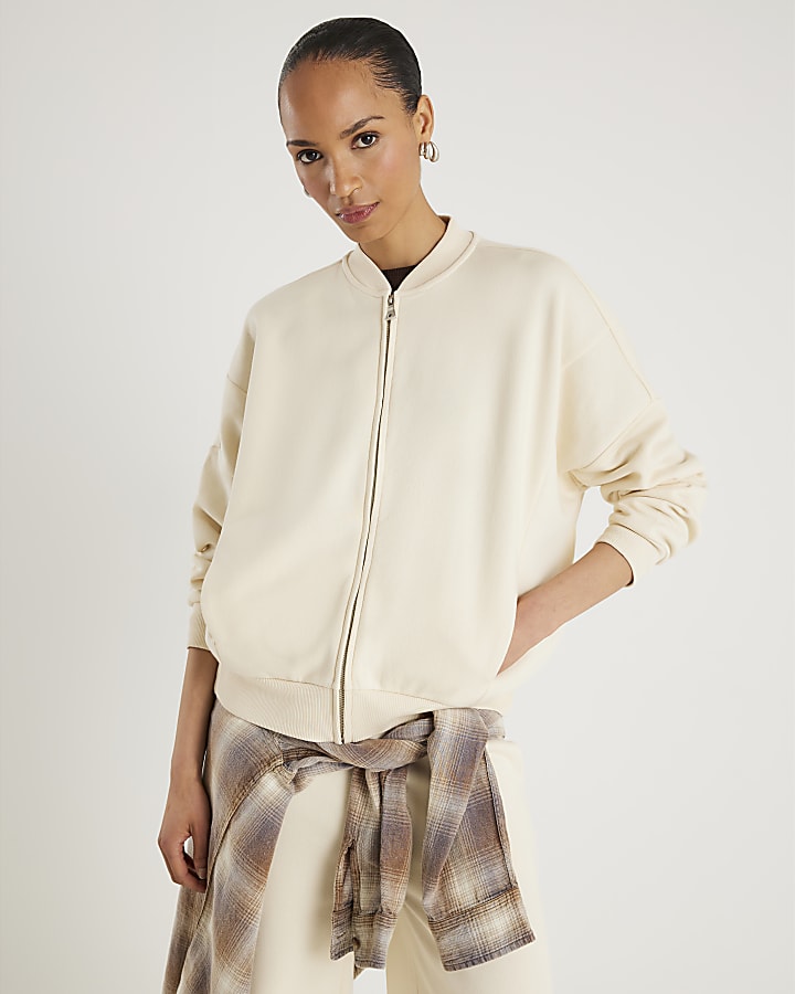 Cream Long Sleeve Zip Up Bomber Sweatshirt