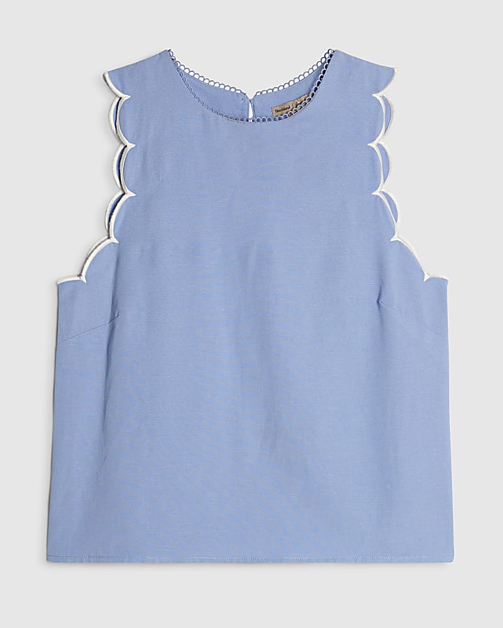 Blue Linen Blend Scallop Trim Tank Top