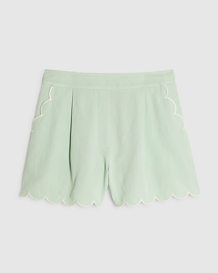 Green Linen Blend Scallop Trim Shorts