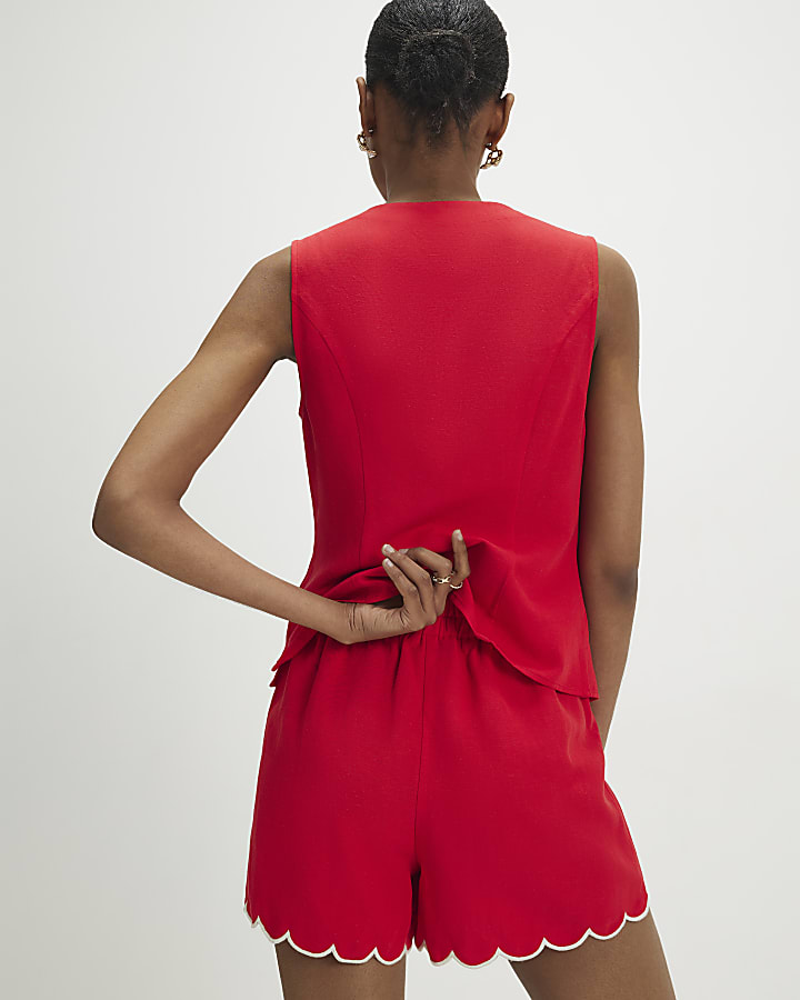 Red Linen Blend Scallop Trim Shorts
