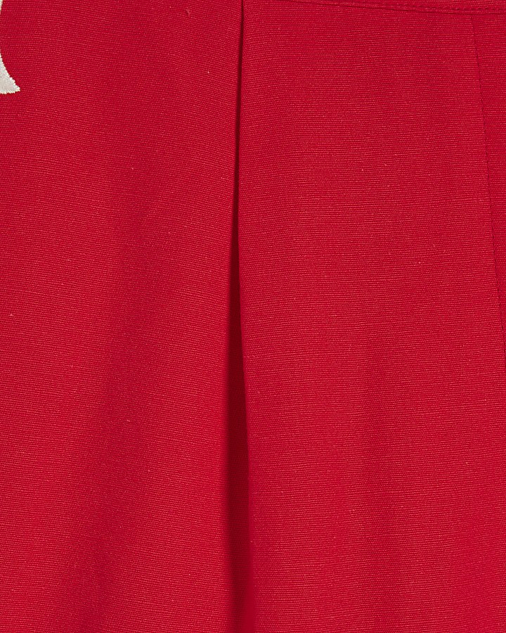 Red Linen Blend Scallop Trim Shorts
