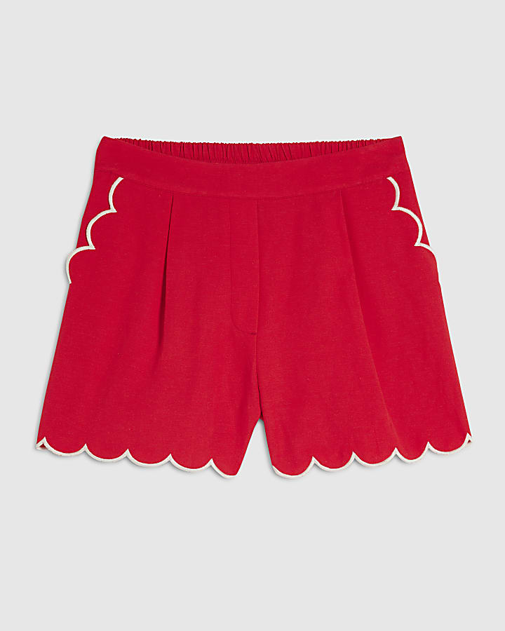 Red Linen Blend Scallop Trim Shorts