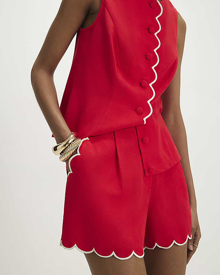 Red Linen Blend Scallop Trim Shorts