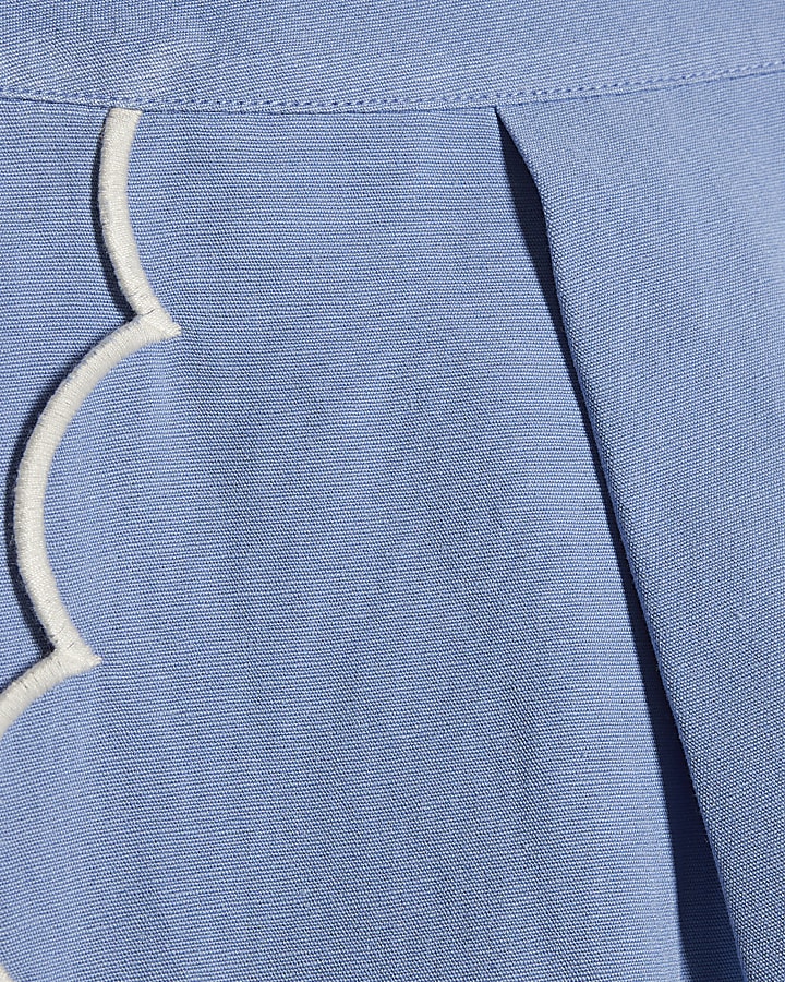 Blue Linen Blend Scallop Trim Shorts