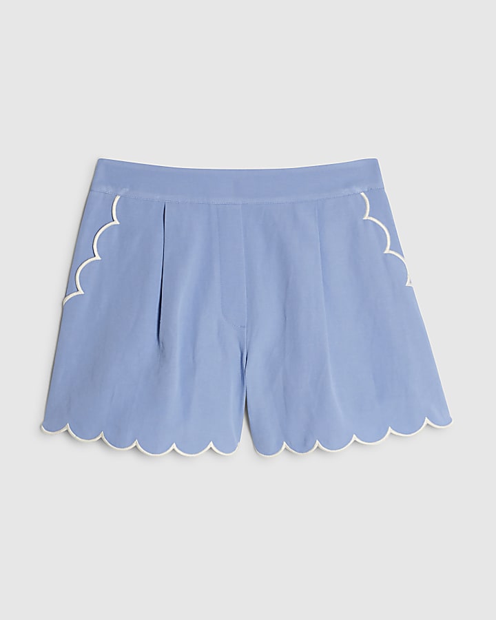 Blue Linen Blend Scallop Trim Shorts