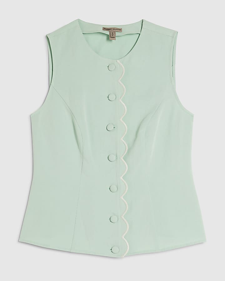 Green Linen Blend Scallop Trim Waistcoat