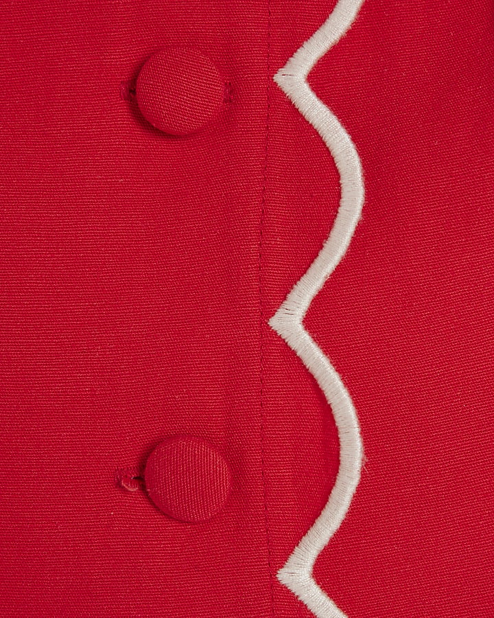 Red Linen Blend Scallop Trim Waistcoat