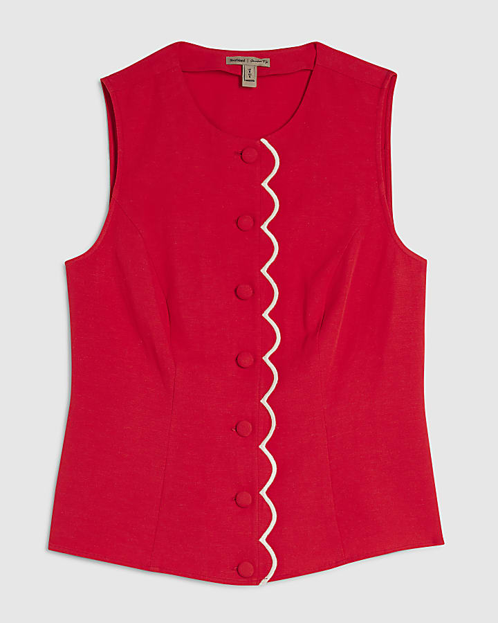 Red Linen Blend Scallop Trim Waistcoat