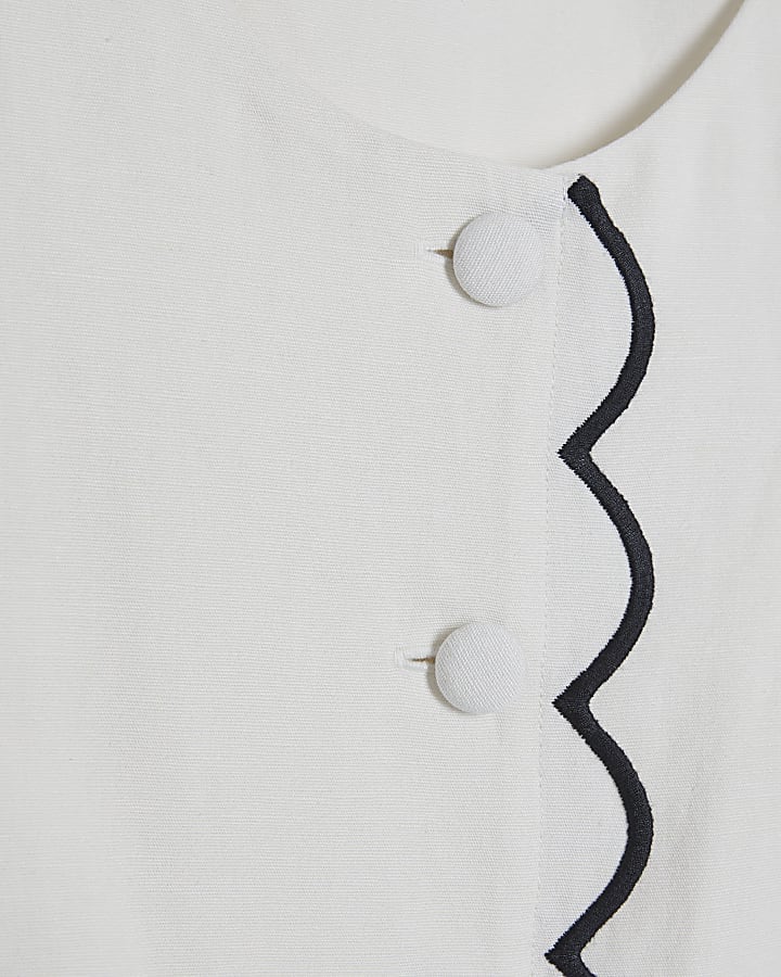 White Linen Blend Scallop Trim Waistcoat