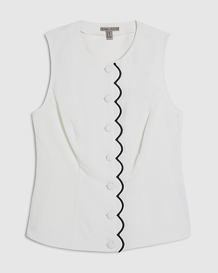 White Linen Blend Scallop Trim Waistcoat