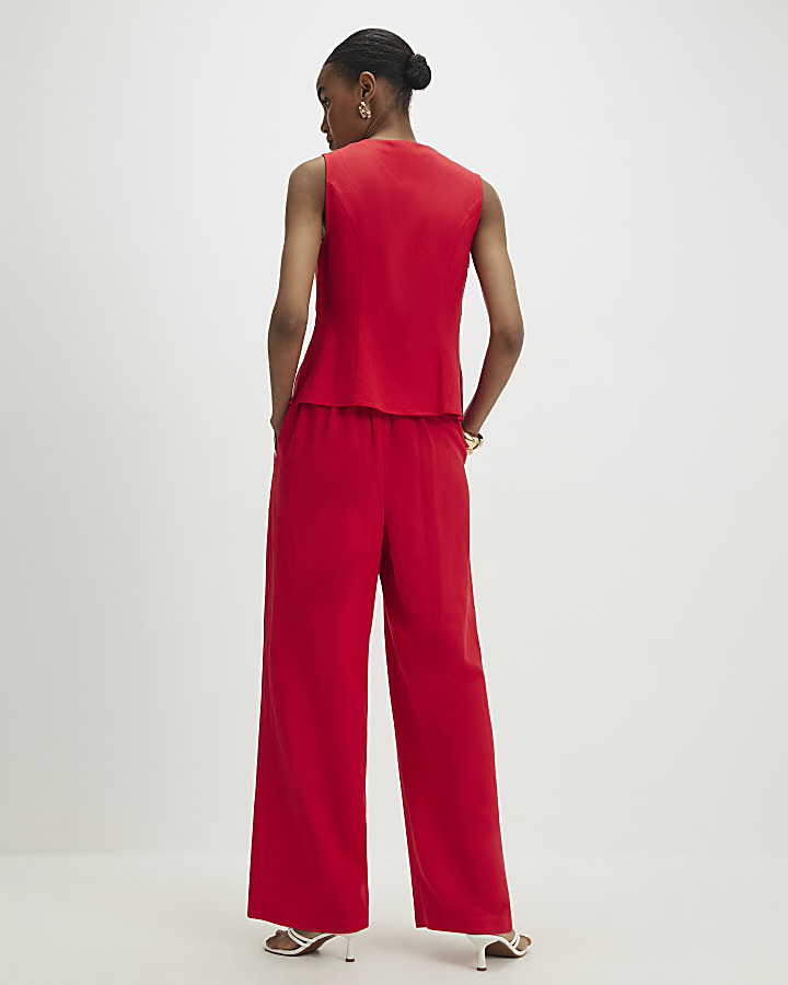 Red Scallop Trim Wide Leg Trousers