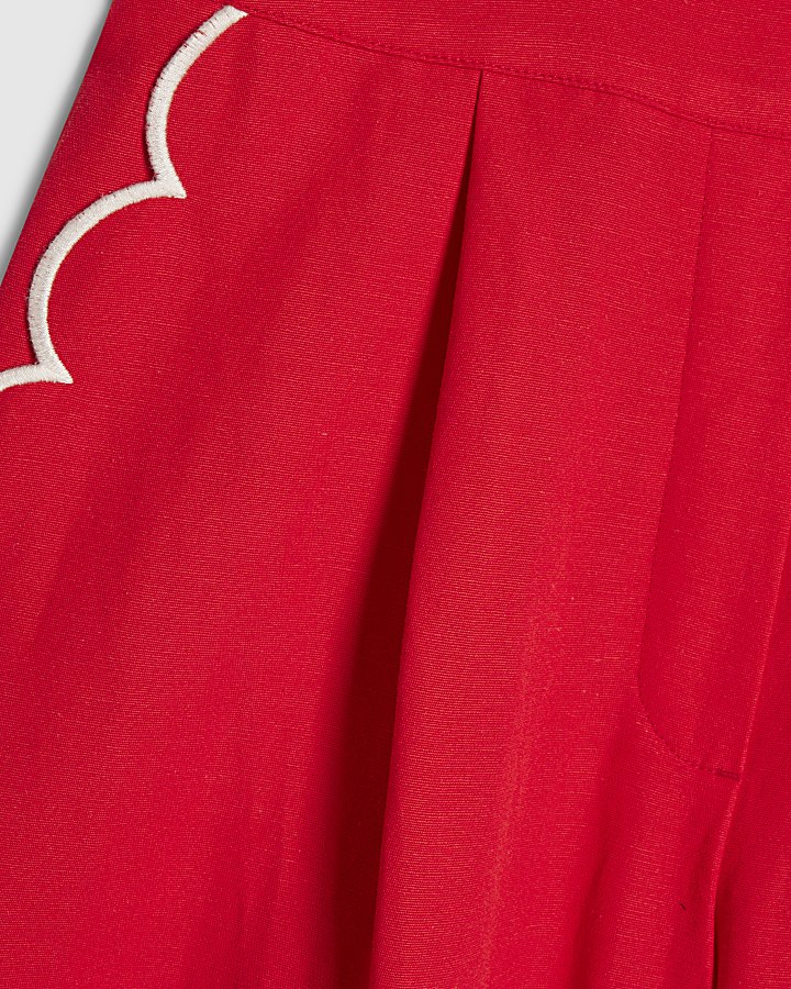Red Scallop Trim Wide Leg Trousers