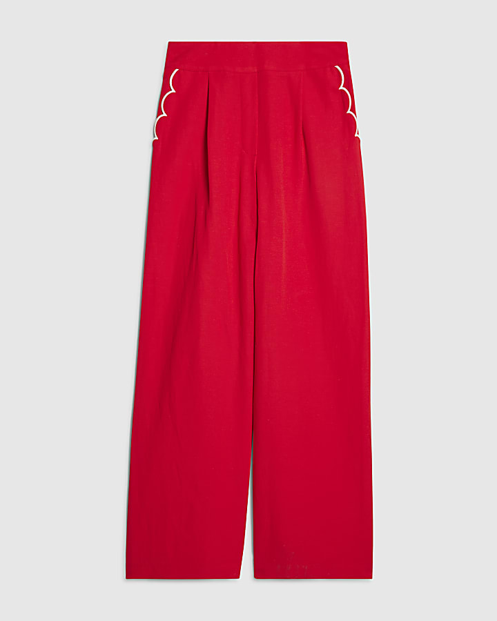 Red Scallop Trim Wide Leg Trousers