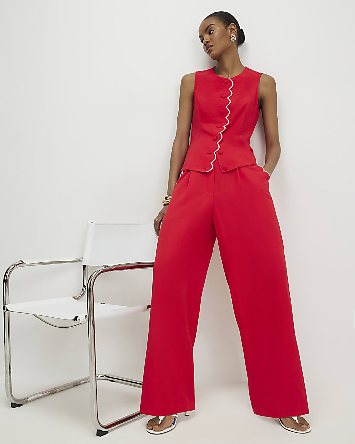 Red Scallop Trim Wide Leg Trousers