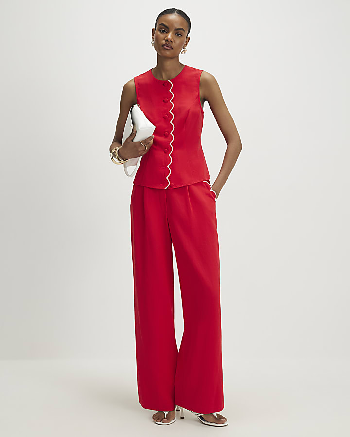 Red Scallop Trim Wide Leg Trousers