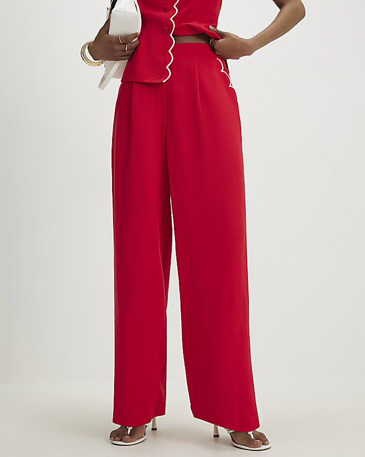 Red Scallop Trim Wide Leg Trousers
