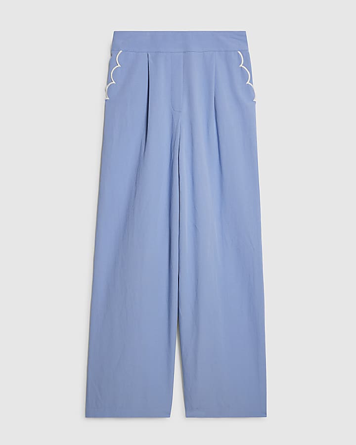Blue Scallop Trim Wide Leg Trousers