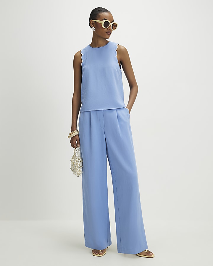 Blue Scallop Trim Wide Leg Trousers