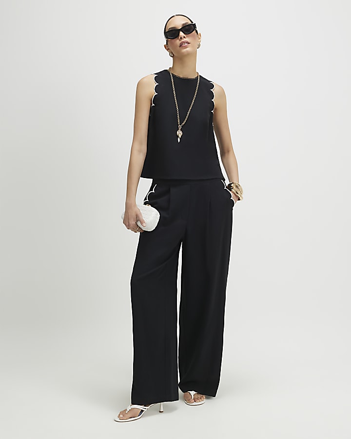 Black Linen Blend Scallop Trim Tank Top