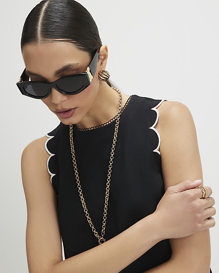 Black Linen Blend Scallop Trim Tank Top