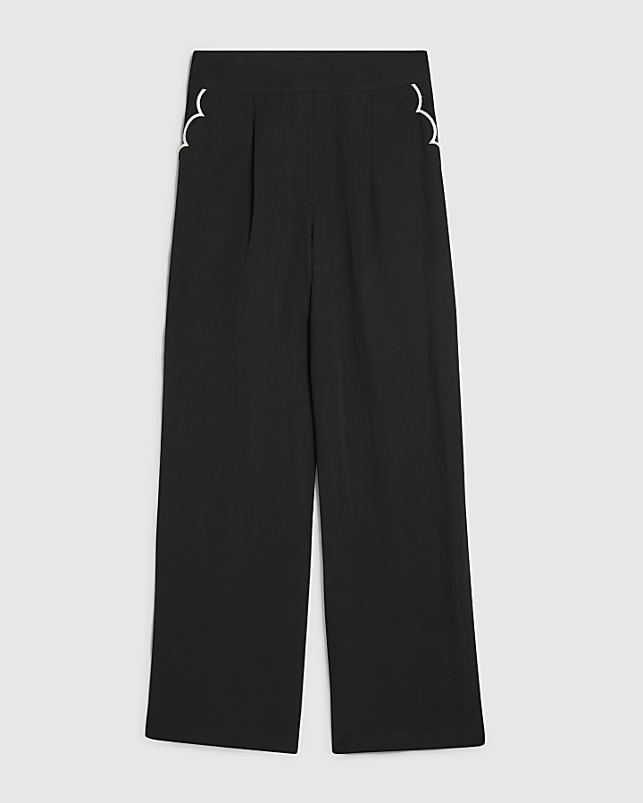 Black Scallop Trim Wide Leg Trousers
