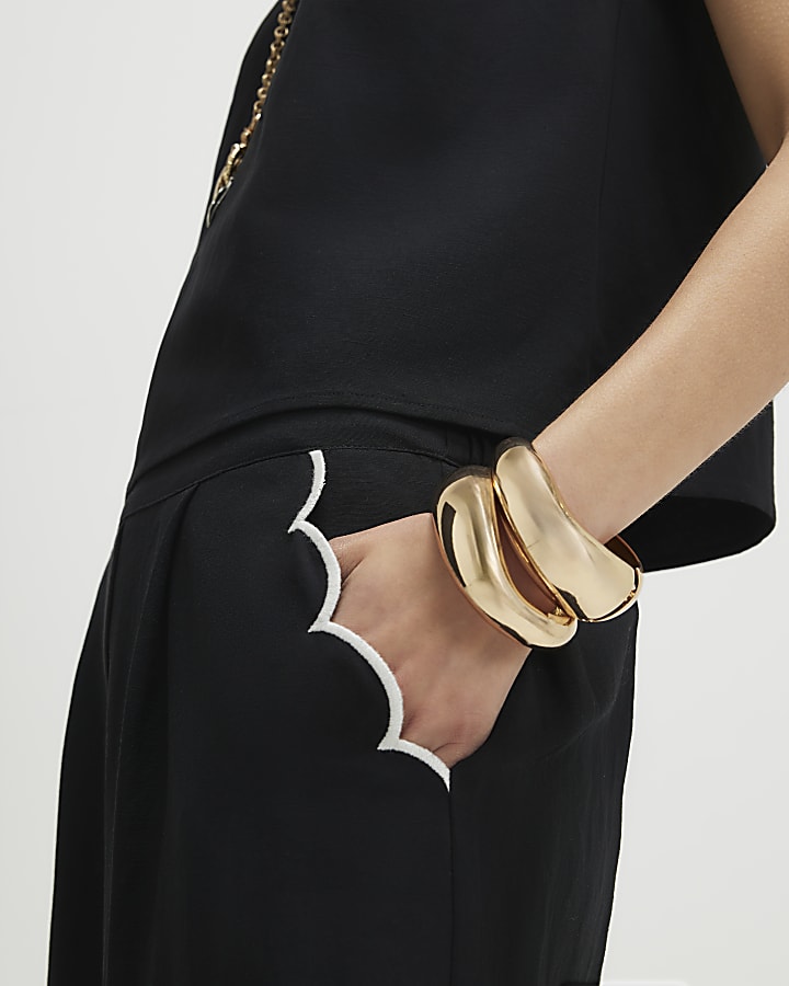 Black Scallop Trim Wide Leg Trousers