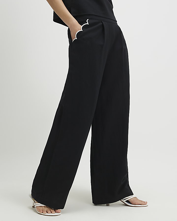 Black Scallop Trim Wide Leg Trousers