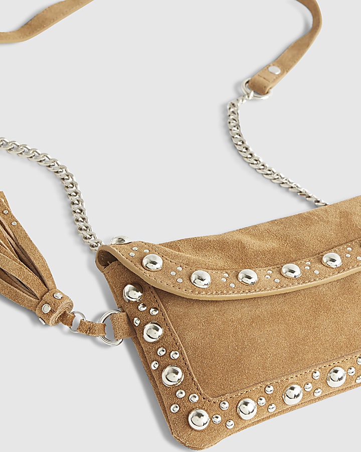 Brown Suede Studded Tassel Cross Body Bag