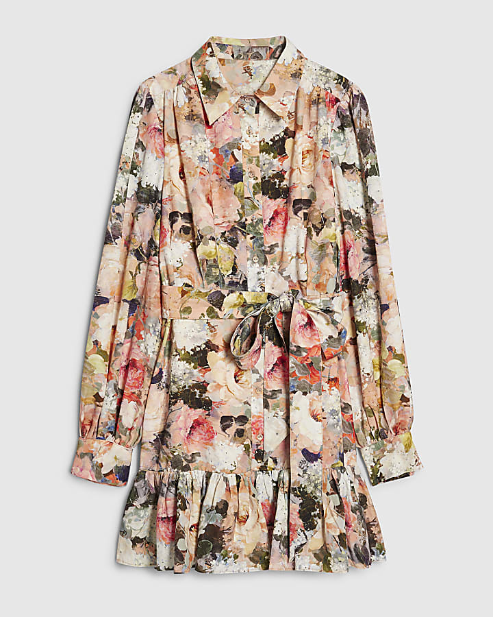 Pink Floral Mini Shirt Dress