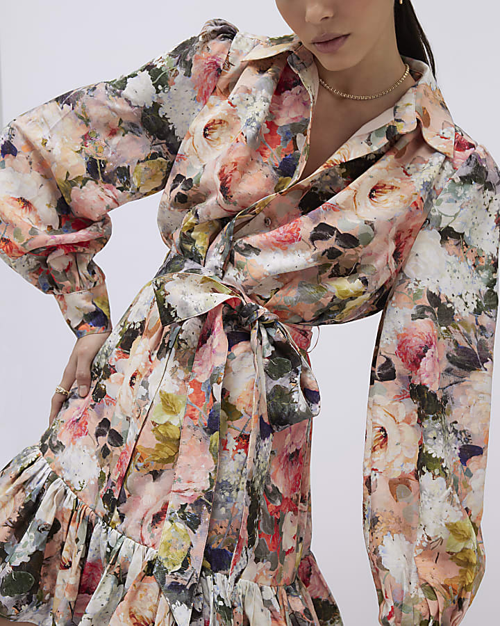 Pink Floral Mini Shirt Dress