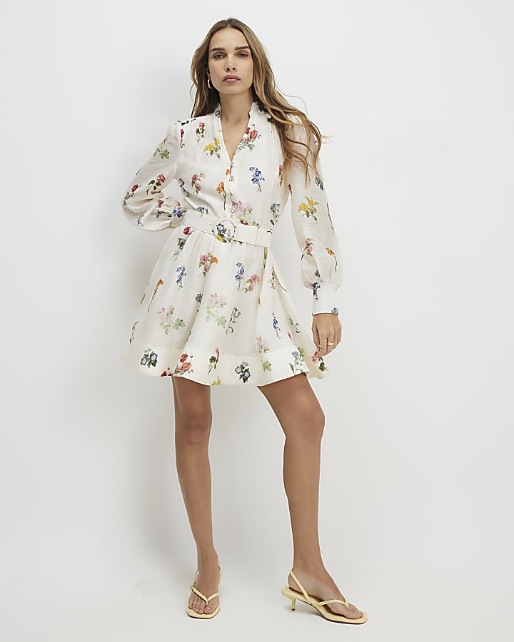 Cream Floral Mini Shirt Dress