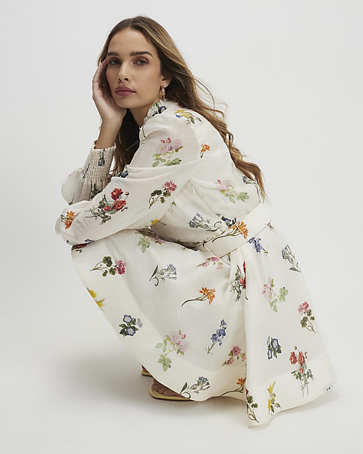 Cream Floral Mini Shirt Dress