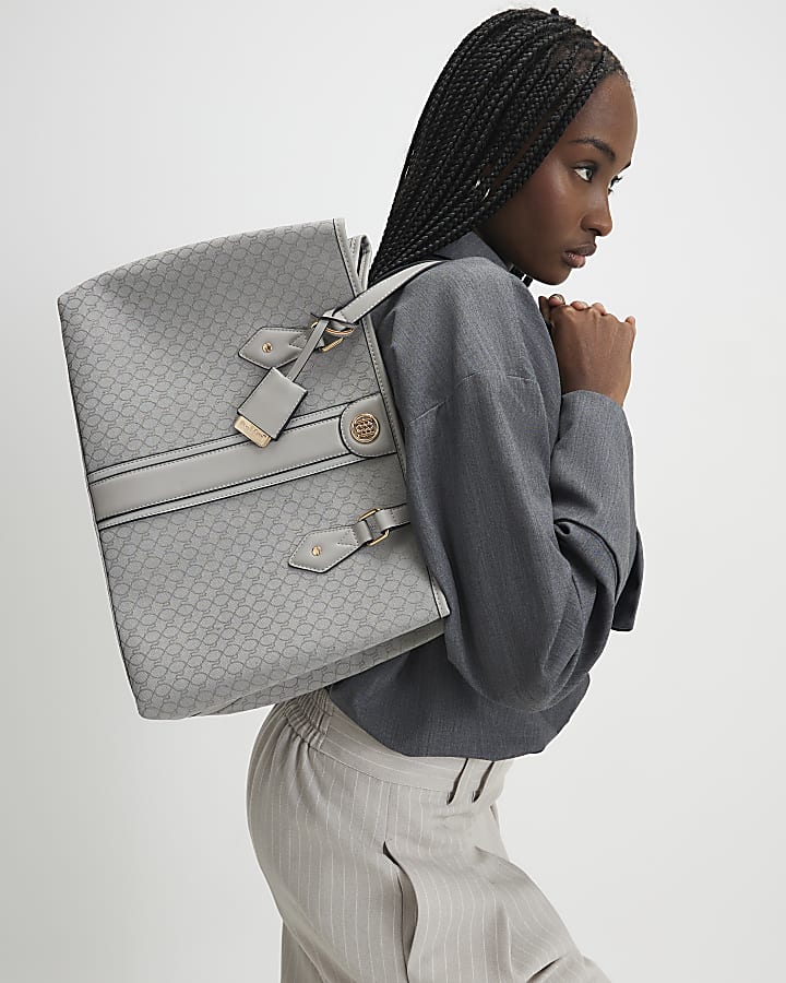 Grey Stripe Monogram Shopper Bag