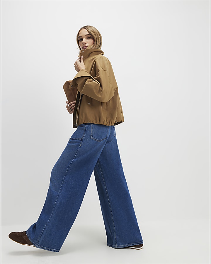 Blue High Waisted Zip Front Wide Leg Jeans