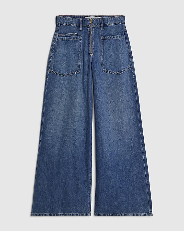 Blue High Waisted Zip Front Wide Leg Jeans