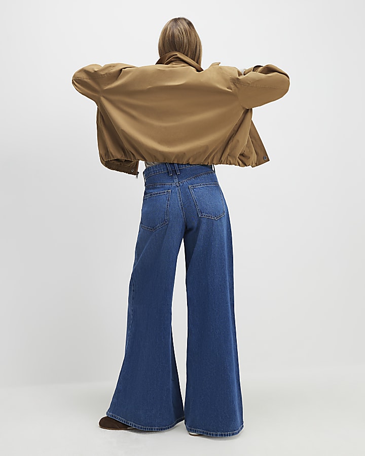 Blue High Waisted Zip Front Wide Leg Jeans