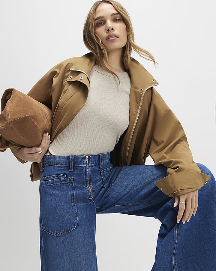 Blue High Waisted Zip Front Wide Leg Jeans