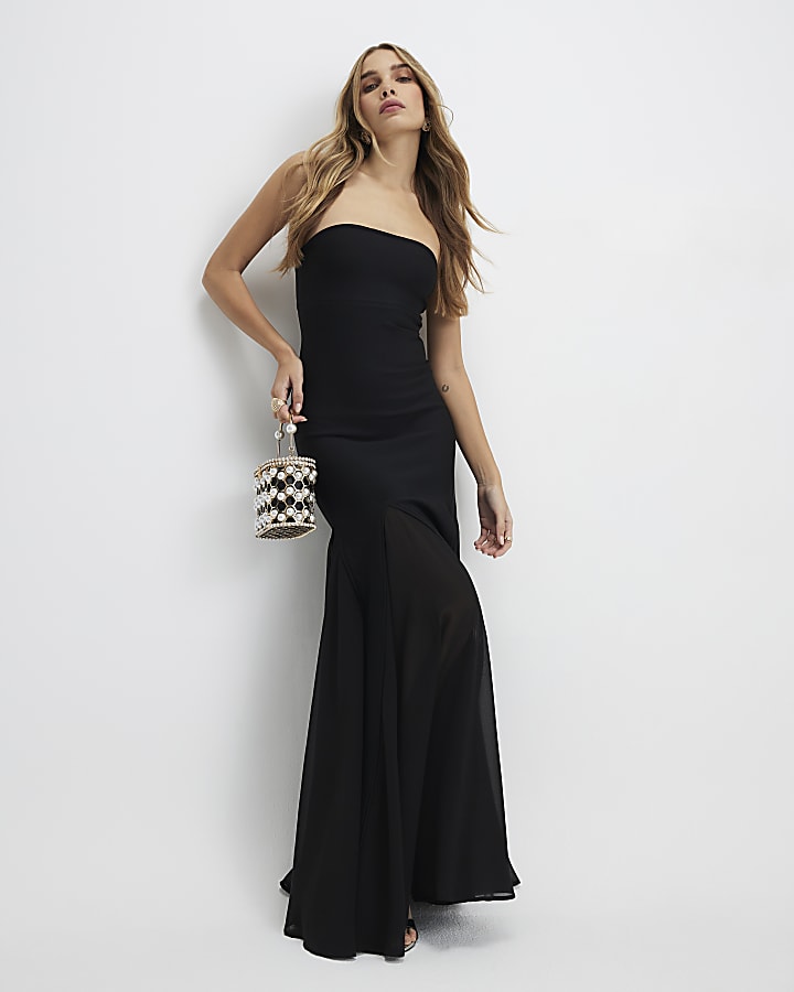 Black Bodycon Godet Skirt Maxi Dress