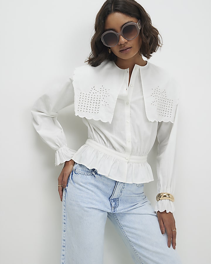 White Broderie Detail Cropped Shirt