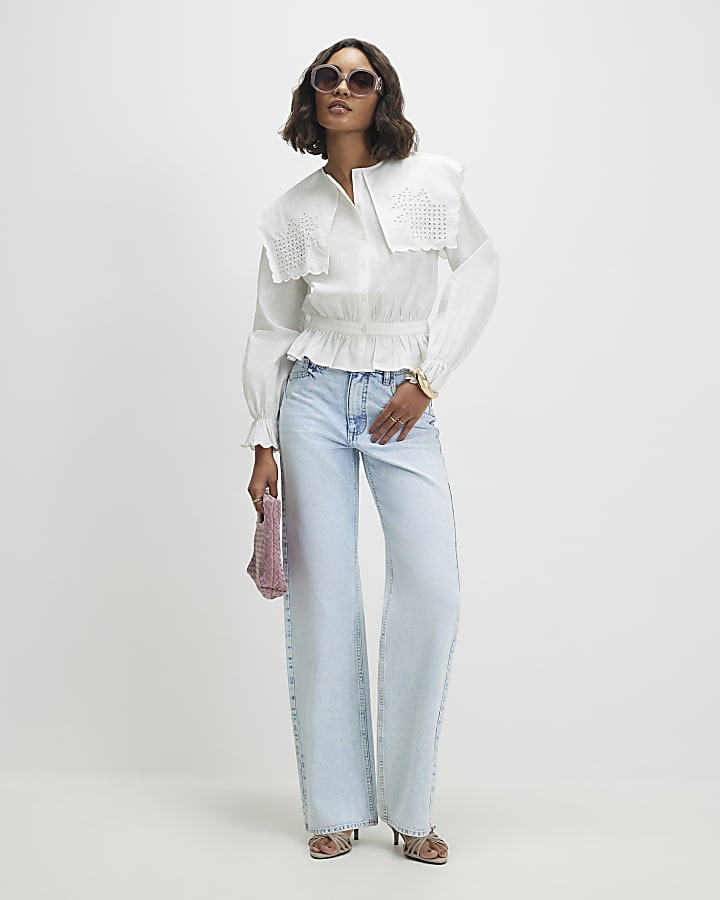 White Broderie Detail Cropped Shirt