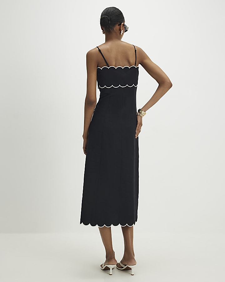 Black Linen Blend Scallop Trim Midi Dress