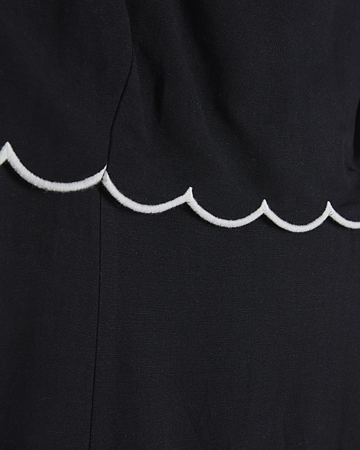 Black Linen Blend Scallop Trim Midi Dress