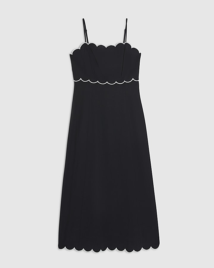 Black Linen Blend Scallop Trim Midi Dress