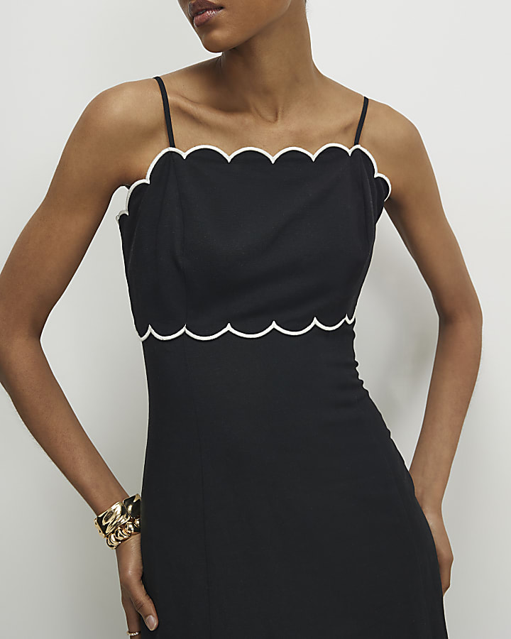 Black Linen Blend Scallop Trim Midi Dress