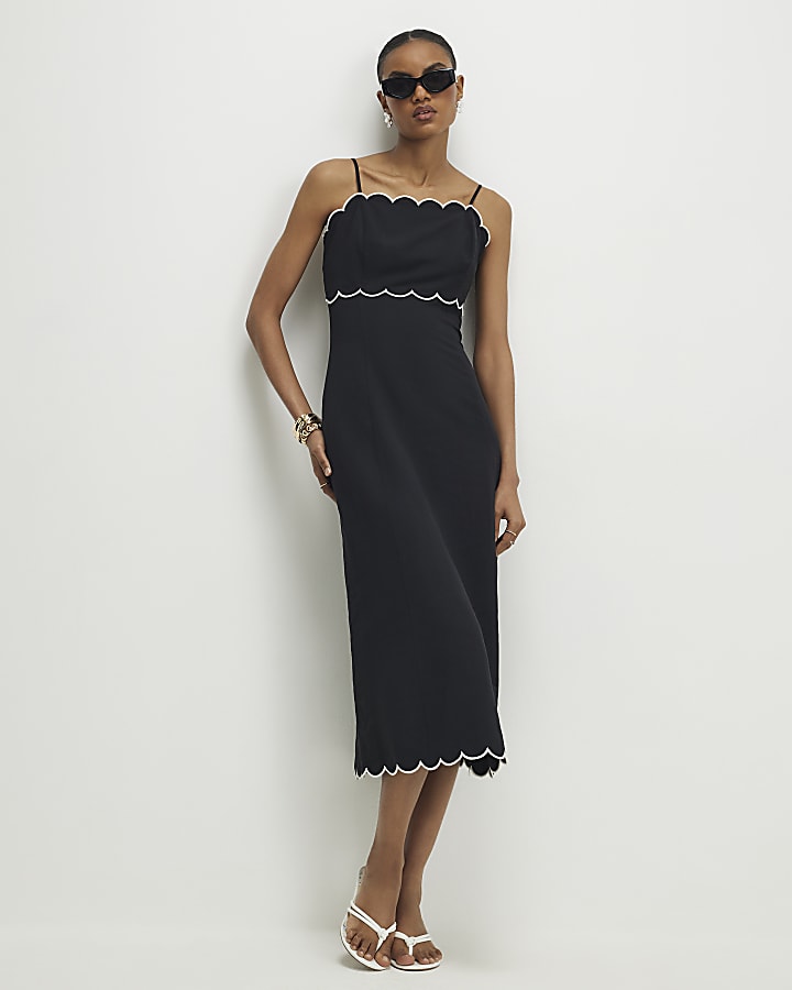 Black Linen Blend Scallop Trim Midi Dress