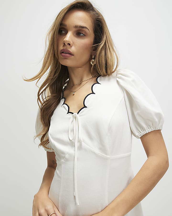 White Linen Blend Scallop Trim Mini Dress