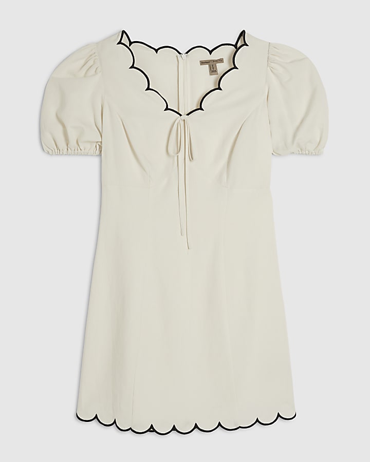 White Linen Blend Scallop Trim Mini Dress