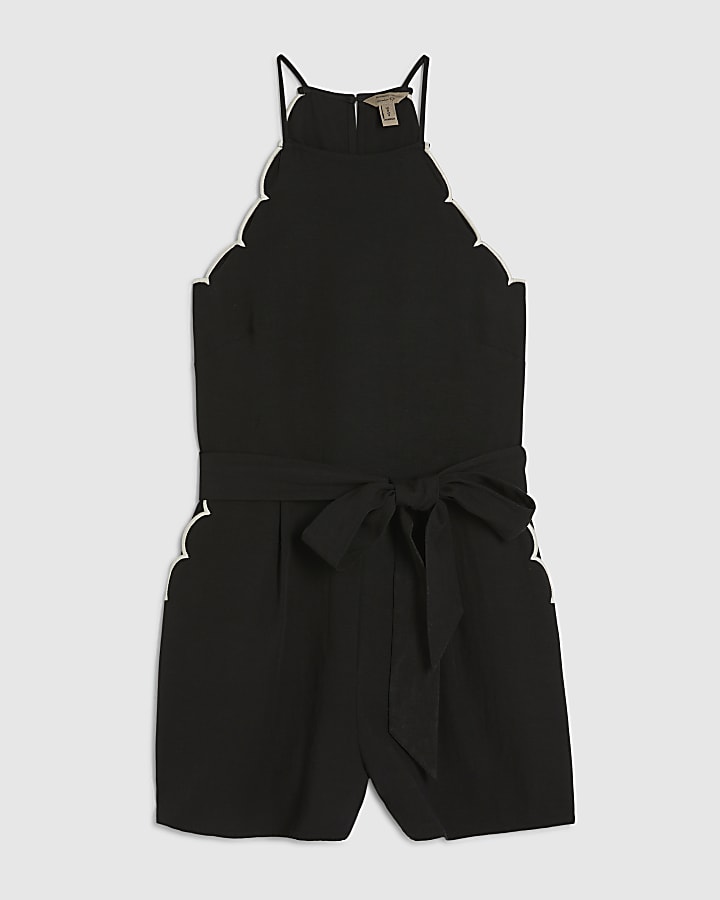 Black Linen Blend Scallop Playsuit