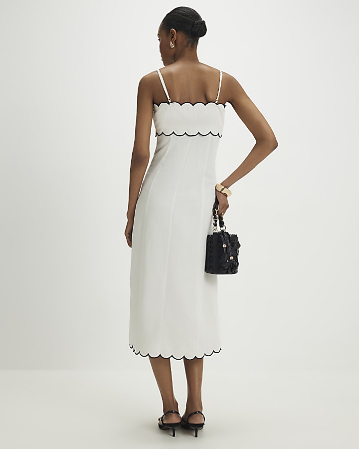 White Linen Blend Scallop Trim Midi Dress